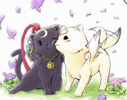 Rule 34 | animal, bayonetta, bayonetta (series), bayonetta 1, cat, cheek-to-cheek, cherry blossoms, chibiterasu, creator connection, crossover, dodo (pixiv 1192843), flower, heads together, jewelry, necklace, no humans, ookami (game), ookamiden, tail, tail wagging