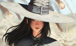 Rule 34 | 1girl, black hair, close-up, freckles, hat, lips, looking at viewer, meteor, meteor shower, original, portrait, solo, syar page, witch hat, wizard, wizard hat, yellow eyes