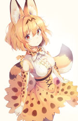 Rule 34 | 1girl, absurdres, animal ear fluff, animal ears, animal ears (norankkori), bare shoulders, belt, blonde hair, blush, bow, bowtie, center frills, commentary request, cowboy shot, cross-laced clothes, elbow gloves, frills, gloves, high-waist skirt, highres, kemono friends, multicolored hair, print bow, print bowtie, print gloves, print neckwear, print skirt, serval (kemono friends), serval print, serval tail, short hair, skirt, sleeveless, solo, tail, yellow eyes
