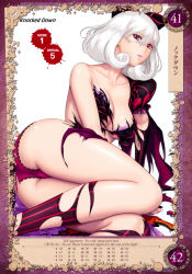 Rule 34 | 1girl, ass, bare shoulders, breasts, detached collar, earrings, eiwa, hair ornament, hair ribbon, highres, jewelry, juliet sleeves, large breasts, long sleeves, looking at viewer, non-web source, panties, puffy sleeves, purple eyes, queen&#039;s blade, queen&#039;s blade grimoire, ribbon, shirt, simple background, snow white, snow white (queen&#039;s blade), solo, torn clothes, torn panties, torn shirt, underwear, white hair