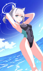 Rule 34 | 1girl, absurdres, animal ear fluff, animal ears, arms behind head, black one-piece swimsuit, blue archive, blue eyes, blue sky, breasts, cloud, commentary, competition swimsuit, covered navel, cross hair ornament, day, eshimae, extra ears, feet out of frame, grey hair, hair ornament, halo, highleg, highleg swimsuit, highres, horizon, low ponytail, medium breasts, medium hair, mismatched pupils, multicolored clothes, multicolored swimsuit, ocean, official alternate costume, one-piece swimsuit, outdoors, shiroko (blue archive), shiroko (swimsuit) (blue archive), sky, solo, swimsuit, wolf ears