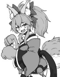 Rule 34 | 1girl, animal ear fluff, animal ears, animal hands, bell, blush, bow, claws, collar, commentary, cowboy shot, detached sleeves, fangs, fate/grand order, fate (series), greyscale, hair between eyes, hair bow, hair ribbon, highres, japanese clothes, kimono, kusama takato, leaning forward, long hair, looking at viewer, monochrome, neck bell, obi, open mouth, ponytail, ribbon, sash, sidelocks, solo, tamamo (fate), tamamo cat (fate), tamamo cat (first ascension) (fate), thighhighs, thighs, tongue, upper body, wide sleeves, zettai ryouiki