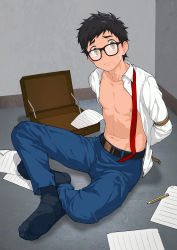 Rule 34 | 1boy, absurdres, arms behind back, beitemian, belt, black socks, bound, bound arms, brian pasternack, briefcase, brown eyes, closed mouth, glasses, highres, looking at viewer, loose necktie, male focus, necktie, nipples, on floor, open clothes, open shirt, paper, pencil, red necktie, shirt, sitting, socks, solo, sweatdrop, white shirt, yuppie psycho