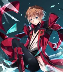 Rule 34 | 1boy, alternate color, arc system works, bad id, bad pixiv id, blazblue, blazblue: calamity trigger, blonde hair, blue background, blue eyes, boots, highres, ice, kisaragi jin, male focus, pants, qitoli, serious, solo