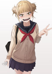 Rule 34 | 1girl, :d, absurdres, arm at side, bag, black bag, blonde hair, blue sailor collar, blue skirt, blunt bangs, blush, boku no hero academia, brown cardigan, buttons, cardigan, commentary, cowboy shot, debi, double bun, fangs, gradient background, hair bun, hair up, hand up, head tilt, highres, holding, holding knife, holding weapon, knife, looking at viewer, messy hair, neckerchief, open mouth, pleated skirt, red neckerchief, sailor collar, school bag, school uniform, serafuku, sidelocks, skirt, slit pupils, smile, solo, toga himiko, v, weapon, white background, yellow eyes