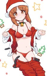 Rule 34 | 1girl, bell, belt, bikini, black belt, breasts, brown eyes, brown hair, christmas, cleavage, closed mouth, clothes pull, fur-trimmed jacket, fur trim, girls und panzer, hat, highres, jacket, long sleeves, looking at viewer, medium breasts, monolith (suibou souko), navel, neck bell, nishizumi miho, off shoulder, open clothes, open jacket, pants, pants pull, red bikini, red hat, red jacket, red pants, santa hat, short hair, side-tie bikini bottom, simple background, sitting, smile, solo, star (symbol), swimsuit, undressing, white background