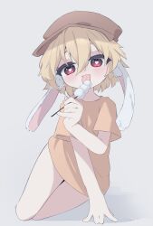 Rule 34 | 1girl, animal ears, blonde hair, brown headwear, commentary request, dango, floppy ears, food, full body, grey background, hand on ground, heart, heart-shaped pupils, highres, holding, licking, looking at viewer, mr.turtle head, one-hour drawing challenge, orange shirt, rabbit ears, rabbit girl, red eyes, ringo (touhou), shirt, short hair, short sleeves, smile, solo, symbol-shaped pupils, t-shirt, tongue, tongue out, touhou, wagashi