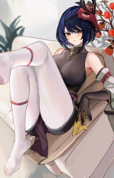 Rule 34 | 1girl, absurdres, bare shoulders, bird mask, black gloves, blue hair, breasts, chinese commentary, closed mouth, commentary request, couch, detached sleeves, elbow gloves, foot out of frame, genshin impact, gloves, highres, kujou sara, large breasts, looking at viewer, mask, mask on head, nagata gata, pantyhose, red mask, short hair, sitting, solo, thighs, v-shaped eyebrows, white pantyhose, yellow eyes