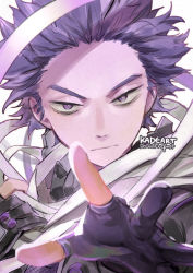 Rule 34 | 1boy, artist name, bags under eyes, bandages, boku no hero academia, forehead, kadeart, looking at viewer, male focus, messy hair, open hand, purple eyes, purple hair, shinsou hitoshi, simple background, solo, spiked hair, upper body, weapon, white background