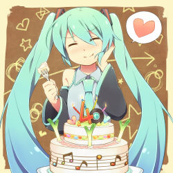 Rule 34 | 1girl, aqua hair, cake, detached sleeves, eating, closed eyes, food, foodgasm, fork, hand on own cheek, hand on own face, hatsune miku, heart, long hair, necktie, reki (arequa), solo, spoken heart, spring onion, twintails, very long hair, vocaloid