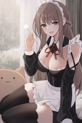 Rule 34 | 1girl, absurdres, apron, black dress, black thighhighs, blush, braid, breasts, brown hair, center opening, cleavage, clothing cutout, commentary, curtains, dress, feet out of frame, french braid, green eyes, hair between eyes, highres, holding, large breasts, long hair, long sleeves, looking at viewer, maid, maid apron, maid headdress, mimikaki, neck ribbon, open mouth, original, red ribbon, ribbon, shoulder cutout, sitting, smile, solo, straight hair, stuffed toy, sukuemon, thighhighs, wing collar, zettai ryouiki