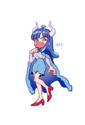 Rule 34 | 1girl, ahoge, blue cape, blue hair, blue skirt, cape, character name, covered mouth, curled horns, dinosaur girl, full body, horns, long hair, mask, mouth mask, multicolored hair, one piece, pink eyes, pink hair, pink mask, raine (acke2445), red footwear, shirt, simple background, skirt, solo, standing, streaked hair, ulti (one piece), white background, white shirt