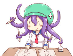 Rule 34 | :q, bad id, bad pixiv id, blue sailor collar, blush stickers, drawing, green hat, greenteaneko, hair between eyes, hat, highres, ink bottle, ink pen, long hair, long sleeves, motion lines, necktie, nib pen (object), paper, pen, prehensile hair, purple hair, red necktie, sailor collar, shirt, simple background, solo, table, tentacle hair, tongue, tongue out, white background, white shirt, | |