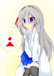Rule 34 | 1girl, between legs, black thighhighs, blue eyes, blue skirt, blush, bow, coat, daifuku (daifuku kosiann), female focus, frilled skirt, frills, grey hair, grey shirt, hair between eyes, hair bow, hairband, hand between legs, have to pee, highres, long hair, long sleeves, miniskirt, open mouth, original, plaid, plaid skirt, pleated skirt, red hairband, shirt, simple background, skirt, solo, standing, thighhighs, thought bubble, trembling, white coat, yellow background