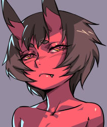 Rule 34 | 1girl, blush, brown hair, closed mouth, collarbone, colored skin, fang, fang out, grey background, horns, kidouko (zakusi), nose blush, nude, oni, original, red oni, red skin, short eyebrows, short hair, simple background, solo, upper body, yellow eyes, zakusi