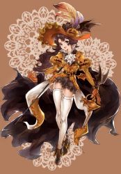 Rule 34 | &gt;:d, 10s, 1girl, :d, ange (granblue fantasy), ascot, bat wings, belt, black skirt, blue eyes, brown hair, cape, feathers, gloves, granblue fantasy, halloween, hat, hat feather, highres, iana (kirinou), jack-o&#039;-lantern, long hair, long sleeves, miniskirt, open mouth, orange gloves, puffy long sleeves, puffy sleeves, rapier, skirt, smile, solo, sword, thighhighs, v-shaped eyebrows, weapon, white thighhighs, wings, zettai ryouiki