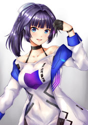 Rule 34 | 1girl, black gloves, blue eyes, blush, breasts, choker, collarbone, covered navel, dress, gloves, gradient background, hair ornament, half gloves, hand up, honkai (series), honkai impact 3rd, impossible clothes, jacket, kelinch1, large breasts, long hair, looking at viewer, off-shoulder dress, off shoulder, open clothes, open jacket, open mouth, ponytail, purple hair, raiden mei, raiden mei (striker fulminata), sidelocks, simple background, sleeve cuffs, smile, solo, upper body, wristband
