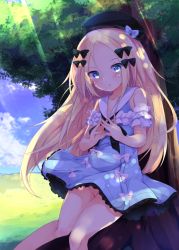 Rule 34 | 1girl, abigail williams (animejapan 2018) (fate), abigail williams (fate), bare shoulders, black bow, blonde hair, blue bow, blue dress, blue eyes, blue sky, blush, bow, cloud, collarbone, commentary request, day, dress, fate/grand order, fate (series), forehead, groin, hair bow, hat, hat bow, hinata yuu (atelierhinata), long hair, looking at viewer, no panties, no pants, official alternate costume, outdoors, parted bangs, parted lips, sky, solo, steepled fingers, sunlight, tree, tree shade, very long hair, white bow