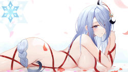 Rule 34 | 1girl, absurdres, braid, breasts, elbow rest, from side, genshin impact, grey eyes, grey hair, hair ornament, hair over one eye, highres, interlocked fingers, large breasts, long hair, looking at viewer, looking to the side, low-braided long hair, low-tied long hair, lying, naked ribbon, on stomach, parted lips, petals, ribbon, shenhe (genshin impact), sideboob, snowflakes, solo, very long hair, wet, white hair, zim-o (2cy520)