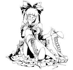 Rule 34 | 1girl, adapted costume, bare shoulders, boots, convenient leg, corset, covering own mouth, cross-laced footwear, dress, embarrassed, finger gun, frilled ribbon, frills, full body, greyscale, hair ribbon, high heel boots, high heels, highres, holding, holding shoes, kagiyama hina, knee boots, lace-up boots, long hair, looking to the side, monochrome, nail polish, putting on shoes, ribbon, ruukii drift, shoe soles, shoes, short sleeves, simple background, single boot, single shoe, single wrist cuff, sitting, solo, strapless, strapless dress, tearing up, thighhighs, touhou, unworn boot, unworn boots, wavy mouth, white background, wrist cuffs