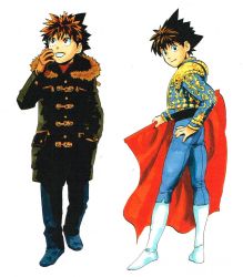 Rule 34 | 1boy, :d, blue pants, boots, brown eyes, brown hair, bullfighting, closed mouth, coat, costume, eyeshield 21, gloves, green coat, hand in pocket, hand on own hip, hand up, highres, holding, kobayakawa sena, looking at viewer, looking back, looking up, male focus, multiple views, murata yuusuke, official art, open mouth, pants, scan, shoes, smile, spiked hair, traditional media, winter clothes, winter coat