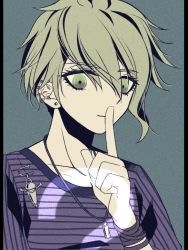 Rule 34 | 1boy, amami rantaro, closed mouth, collarbone, danganronpa (series), danganronpa v3: killing harmony, earrings, green hair, grey background, hand up, index finger raised, jewelry, male focus, necklace, pillarboxed, satori (aosky9077), shirt, short hair, smile, solo, striped clothes, striped shirt