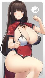 Rule 34 | 1girl, blush, breasts, brown eyes, brown hair, chinese clothes, cleavage, clenched hands, fighting stance, hands up, highres, hime cut, large breasts, long hair, mukuba, open mouth, original, solo, thighhighs, very long hair, yin yang