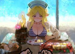 Rule 34 | 1girl, basket, bikini, blonde hair, blush, bread, breast rest, breasts, breasts on table, cleavage, clenched hand, elf, food, fork, indoors, large breasts, lobster, long hair, looking at viewer, plate, pointy ears, princess connect!, purple eyes, sitting, sketch, sonchi, striped bikini, striped clothes, sweat, swimsuit, table, white headwear, window, yukari (princess connect!), yukari (summer) (princess connect!)