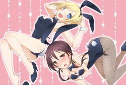 Rule 34 | 2girls, animal ears, bare legs, between breasts, blonde hair, blue eyes, blush, bow, bowtie, breasts, brown eyes, brown hair, detached collar, erica hartmann, fake animal ears, fishnet pantyhose, fishnets, gertrud barkhorn, high heels, leotard, medium breasts, multiple girls, open mouth, oriko (nicolai), pantyhose, playboy bunny, rabbit ears, rabbit tail, shoe dangle, shoes, small breasts, strike witches, sweatdrop, tail, world witches series, wrist cuffs