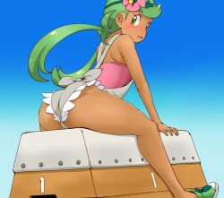 Rule 34 | 10s, 1girl, apron, ass, bare legs, bare shoulders, blue background, blush, breasts, butt crack, cameltoe, cleft of venus, creatures (company), dark skin, dutch angle, embarrassed, game freak, gradient background, green eyes, green footwear, green hair, highres, looking at viewer, looking back, mallow (pokemon), matching hair/eyes, nintendo, overall shorts, overalls, pokemon, pokemon sm, simple background, sitting, small breasts, straddling, swept bangs, tof, vaulting horse