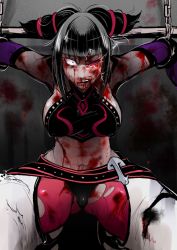Rule 34 | 1girl, abs, baggy pants, belt, black panties, blood, blood from mouth, blunt bangs, bound, breasts, bruise, capcom, chinese clothes, constricted pupils, covered erect nipples, detached sleeves, drill hair, dudou, halterneck, han juri, injury, large breasts, looking at viewer, marimo (yousei ranbu), midriff, multiple belts, one-eyed, pain, panties, pants, pantyhose, pink pantyhose, purple eyes, purple sleeves, ryona, short hair, sideboob, solo, spreader bar, squatting, street fighter, street fighter iv (series), thick thighs, thighs, torn clothes, torn pantyhose, torture, twin drills, underwear