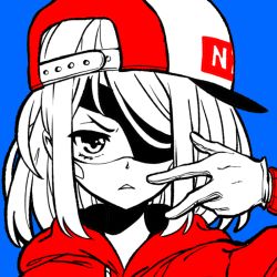 Rule 34 | blue background, eyepatch, gloves, greyscale, hat, hood, hoodie, mask, monochrome, nyanafk, original, red sweater, short hair, solo, sweater