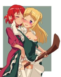 Rule 34 | 10s, 2girls, absurdres, blonde hair, blush, breasts, broom, broom riding, censored, cheek-to-cheek, choker, clothes lift, crotch rub, double bun, dress, dress lift, frills, green dress, grinding, heads together, highres, izetta, lollipop (9474083), long hair, looking at another, looking back, mosaic censoring, multiple girls, nipples, no bra, no panties, one eye closed, open mouth, ortfine fredericka von elystadt, ortfine fredericka von eylstadt, purple eyes, pussy, pussy juice, red dress, red eyes, red hair, short hair, shuumatsu no izetta, small breasts, smile, thighhighs, white legwear, aged down, yuri