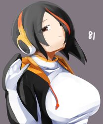 Rule 34 | 1girl, :3, black hair, black jacket, breasts, brown eyes, closed mouth, commentary request, emperor penguin (kemono friends), eyes visible through hair, grey background, hair between eyes, hand up, headphones, highres, jacket, kemono friends, large breasts, lets0020, long bangs, looking at viewer, multicolored hair, numbered, one-piece swimsuit, open clothes, open jacket, orange hair, short hair, simple background, smile, smug, solo, streaked hair, swimsuit, two-tone hair, upper body, white one-piece swimsuit