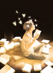 Rule 34 | barefoot, book, book stack, bug, butterfly, commentary request, denim, closed eyes, fingernails, floating hair, from side, full body, glowing butterfly, head back, high contrast, highres, holding, holding book, indian style, insect, jeans, light particles, light smile, male focus, open book, original, pants, pile of books, profile, rido (ridograph), shirt, sitting, sleeves rolled up, smile, solo, t-shirt, too many, too many books, watermark, web address, white butterfly, white shirt, wind