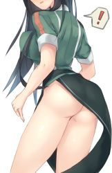 Rule 34 | !, 10s, 1girl, ass, black hair, breasts, chikuma (kancolle), head out of frame, kantai collection, long hair, looking back, metindone, pelvic curtain, solo, spoken exclamation mark, thighs, white background, wind, wind lift