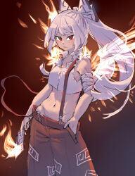 Rule 34 | 1girl, absurdres, black background, bow, closed mouth, commentary, fire, fujiwara no mokou, groin, hair bow, hand in pocket, highres, long hair, looking at viewer, navel, ofuda, pants, ponytail, red eyes, red pants, shirt, shouxishao jiuyuan, simple background, solo, torn clothes, torn shirt, touhou, white bow, white hair, white shirt