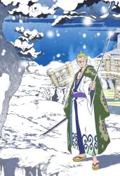 Rule 34 | 1boy, absurdres, chonmage, commentary request, earrings, full body, green hair, green kimono, highres, holding, holding sword, holding weapon, japanese clothes, jewelry, kimono, kojima takashi, looking at viewer, male focus, one eye closed, one piece, purple sash, roronoa zoro, sandals, sash, scar, scar across eye, scar on chest, snow, solo, sword, tree, v-shaped eyebrows, weapon, zouri