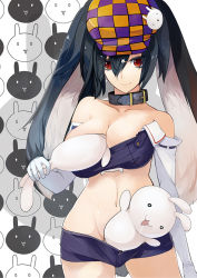 Rule 34 | 1girl, animal ears, bare shoulders, between breasts, black hair, breasts, rabbit, rabbit ears, cabbie hat, cleavage, collar, collarbone, elbow gloves, gloves, groin, hat, large breasts, light smile, long hair, looking at viewer, midriff, navel, original, pulling, pupps, red eyes, saliva, short shorts, shorts, smile, solo, standing, twintails