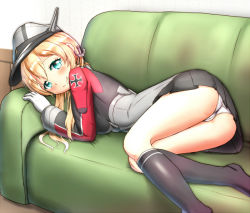 Rule 34 | 10s, 1girl, anchor hair ornament, aqua eyes, ass, black socks, blonde hair, couch, gloves, hair ornament, hat, kantai collection, kneehighs, long hair, lying, maku ro, military, military uniform, on side, panties, peaked cap, prinz eugen (kancolle), skirt, smile, socks, solo, twintails, underwear, uniform, white panties
