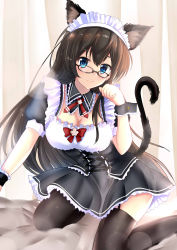 Rule 34 | 1girl, absurdres, alternate costume, animal ears, apron, black hair, black thighhighs, blue eyes, breasts, cat ears, cat tail, cleavage, closed mouth, detached collar, dress, enmaided, frilled dress, frills, garter straps, glasses, hair between eyes, highres, himura moritaka, kantai collection, kemonomimi mode, long hair, maid, maid apron, maid headdress, on bed, ooyodo (kancolle), paw pose, photoshop (medium), short sleeves, smile, solo, tail, tail raised, thighhighs, very long hair, wrist cuffs