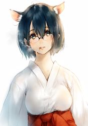 Rule 34 | 1girl, animal ears, black eyes, black hair, blush, cigarette, extra ears, glasses, japanese clothes, looking at viewer, makimura shunsuke, miko, original, short hair, simple background, sketch, smoking, solo, white background