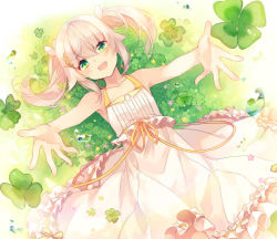 Rule 34 | 1girl, armpits, bare shoulders, character request, chinese text, clover, commentary request, copyright request, dress, green eyes, hair ornament, hairclip, jpeg artifacts, looking at viewer, lying, on back, open mouth, outstretched arms, outstretched hand, pink hair, ribbon, shinia, short hair, smile, solo, sui kyi, sundress, twintails, wheat, yellow ribbon