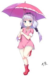 Rule 34 | 1girl, absurdres, beads, blue eyes, boots, bow, dress, full body, hair beads, hair bow, hair ornament, highres, kanna kamui, kobayashi-san chi no maidragon, leg up, legs, long hair, low twintails, pink dress, pink hair, pink umbrella, red footwear, ribbon, rubber boots, short dress, short sleeves, simple background, solo, standing, standing on one leg, thighs, triagorodri, twintails, umbrella, white background