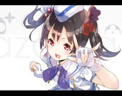 Rule 34 | 10s, 1girl, \m/, black hair, bow, bowtie, dress, gloves, hair bow, hat, jewelry, letterboxed, long hair, love live!, love live! school idol project, lowres, open mouth, red eyes, short hair, smile, solo, twintails, white gloves, wonderful rush, yazawa nico, yuugen