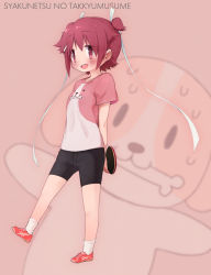 Rule 34 | 1girl, bad id, bad pixiv id, character request, copyright name, full body, highres, okayparium, pink background, red eyes, red hair, shakunetsu no takkyuu musume, shoes, short hair, simple background, sneakers, socks, solo, white socks