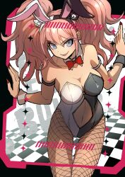 Rule 34 | 1girl, :d, absurdres, animal ears, armlet, bare shoulders, bear hair ornament, black leotard, blonde hair, bow, bowtie, breasts, checkered floor, cleavage, clothing cutout, collarbone, cowboy shot, danganronpa: trigger happy havoc, danganronpa (series), detached collar, enoshima junko, fake animal ears, fishnet pantyhose, fishnets, hair ornament, highres, large breasts, leotard, nail polish, navel, navel cutout, official alternate costume, open mouth, pantyhose, playboy bunny, red bow, red bowtie, red nails, smile, solo, twintails, white leotard, wrist cuffs, youko-shima