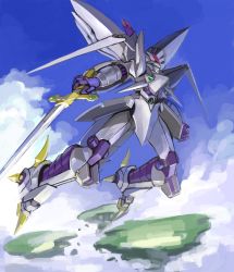 Rule 34 | aiki (rlaxorbs), cybuster, floating island, from side, green eyes, highres, holding, holding sword, holding weapon, looking up, mecha, no humans, open hand, robot, sky, super robot wars, super robot wars original generation, sword, weapon
