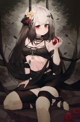 Rule 34 | 1girl, absurdres, apple, arknights, artistic error, bikini, black bikini, black choker, black horns, black ribbon, breasts, chewing, choker, closed mouth, commentary, falling leaves, flower, food, food bite, fruit, gradient hair, grey background, grey hair, hair flower, hair ornament, highres, holding, holding food, holding fruit, horns, jewelry, leaf, material growth, medium breasts, mudrock (arknights), mudrock (silent night) (arknights), multicolored hair, necklace, official alternate costume, oripathy lesion (arknights), red eyes, red flower, ribbon, ribiadan, sitting, solo, swimsuit, tree, wrong foot, yellow flower