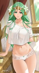 Rule 34 | 1girl, 2021, arm support, artist name, bare shoulders, bed, breasts, circlet, crop top, cup, curtains, dated, earrings, female focus, fire emblem, fire emblem: three houses, flower, green eyes, green hair, hair flower, hair ornament, highres, holding, holding cup, jewelry, lace, large breasts, long hair, matching hair/eyes, nail polish, navel, nintendo, no bra, no pants, off shoulder, panties, parted lips, pillow, rhea (fire emblem), see-through, sendo (sendrawz), shirt, short sleeves, solo, standing, stomach, table, thick thighs, thighs, underwear, white nails, white panties, white shirt, window